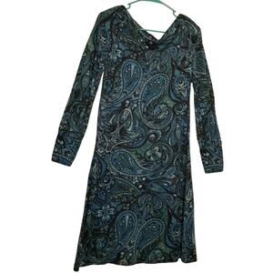 Banana Republic Teal Blue Green Silk Paisley Print Long Sleeve Shift Dress Sz S